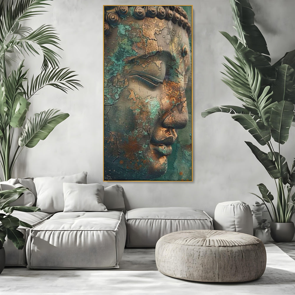 Tablou canvas cu tablou canvas cu profil de buddha, in rama de aluminiu auriu, pe perete intr-un living